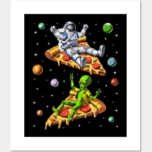 Astronaut And Alien Riding Pizza Posters and Art